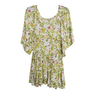 Green Floral Tiered Dress Flutter Sleeve Mini White Boho Preppy Cactus Pear Lg
